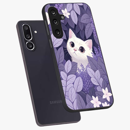 Lilac Hide Peek Cat Glass Case displayed in angled mockup highlighting playful feline illustration with lilac aesthetic design.