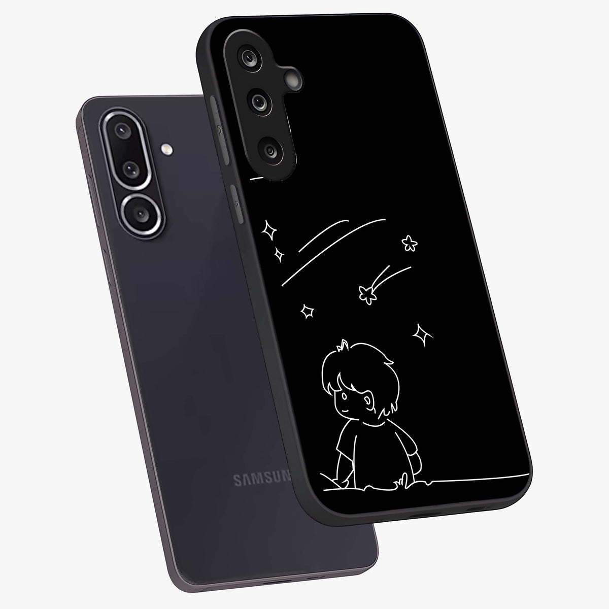 Line Art Boy With Shooting Stars Glass Case displayed in angled mockup highlighting elegant line art design with dreamy star aesthetic.