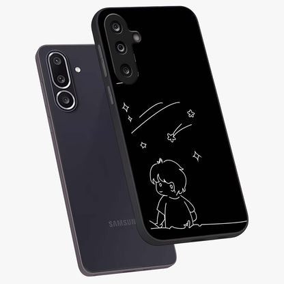 Line Art Boy With Shooting Stars Glass Case displayed in angled mockup highlighting elegant line art design with dreamy star aesthetic.