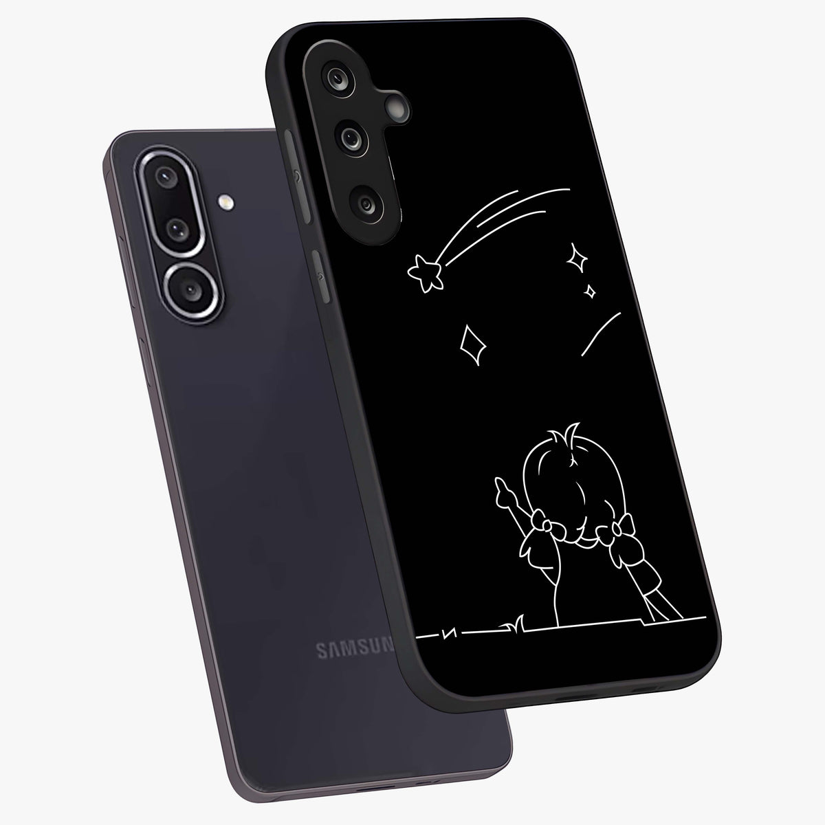 Line Art Girl With Shooting Stars Glass Case displayed in angled mockup highlighting elegant line art design with dreamy star aesthetic.