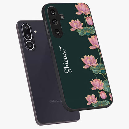 Lotus Bloom Serenity Custom Name Glass Case displayed in angled mockup highlighting graceful lotus illustration with custom name feature.