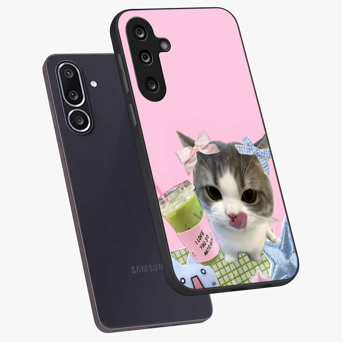 Love Matcha Cat Glass Case displayed in angled mockup highlighting playful feline illustration with cozy matcha aesthetic.