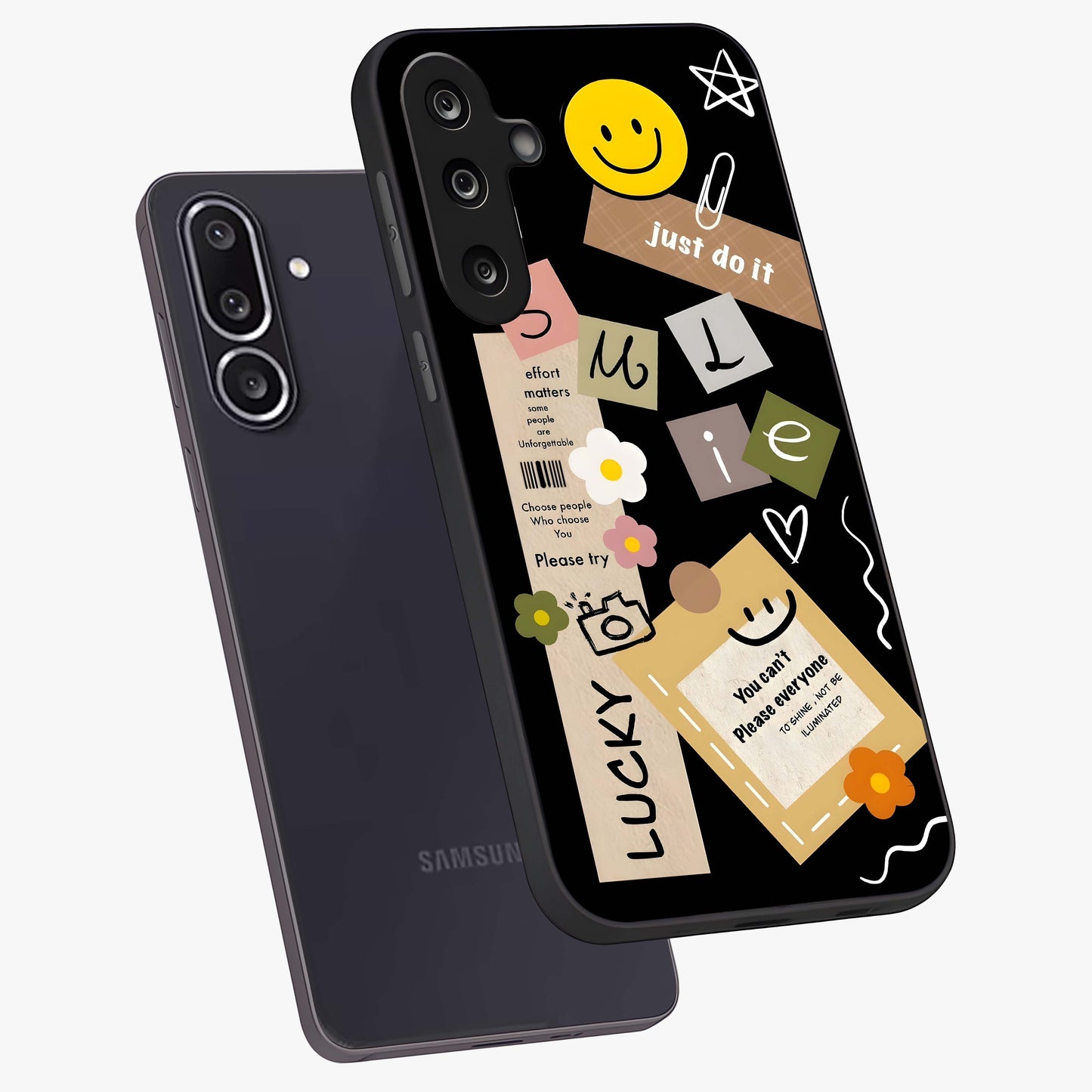 Lucky Aesthetic Collage Glass Case displayed in angled mockup highlighting stylish collage pattern with modern aesthetic vibe.
