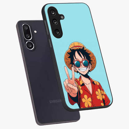 Luffy Summer Anime Vibe Glass Case displayed in angled mockup highlighting energetic anime illustration with summer vibe aesthetic.