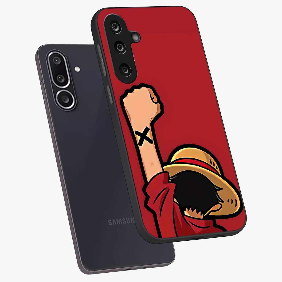Luffy X Spirit Glass Case displayed in angled mockup highlighting powerful anime design with energetic action aesthetic.