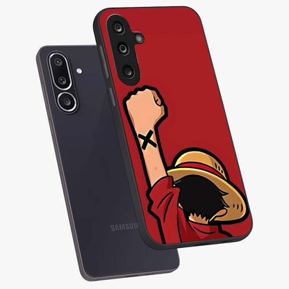 Luffy X Spirit Glass Case displayed in angled mockup highlighting powerful anime design with energetic action aesthetic.