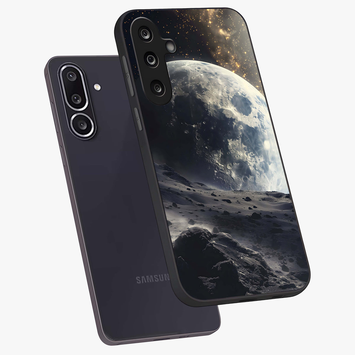 Lunar Horizon Glow Glass Case displayed in angled mockup highlighting celestial moon design with dreamy night aesthetic.
