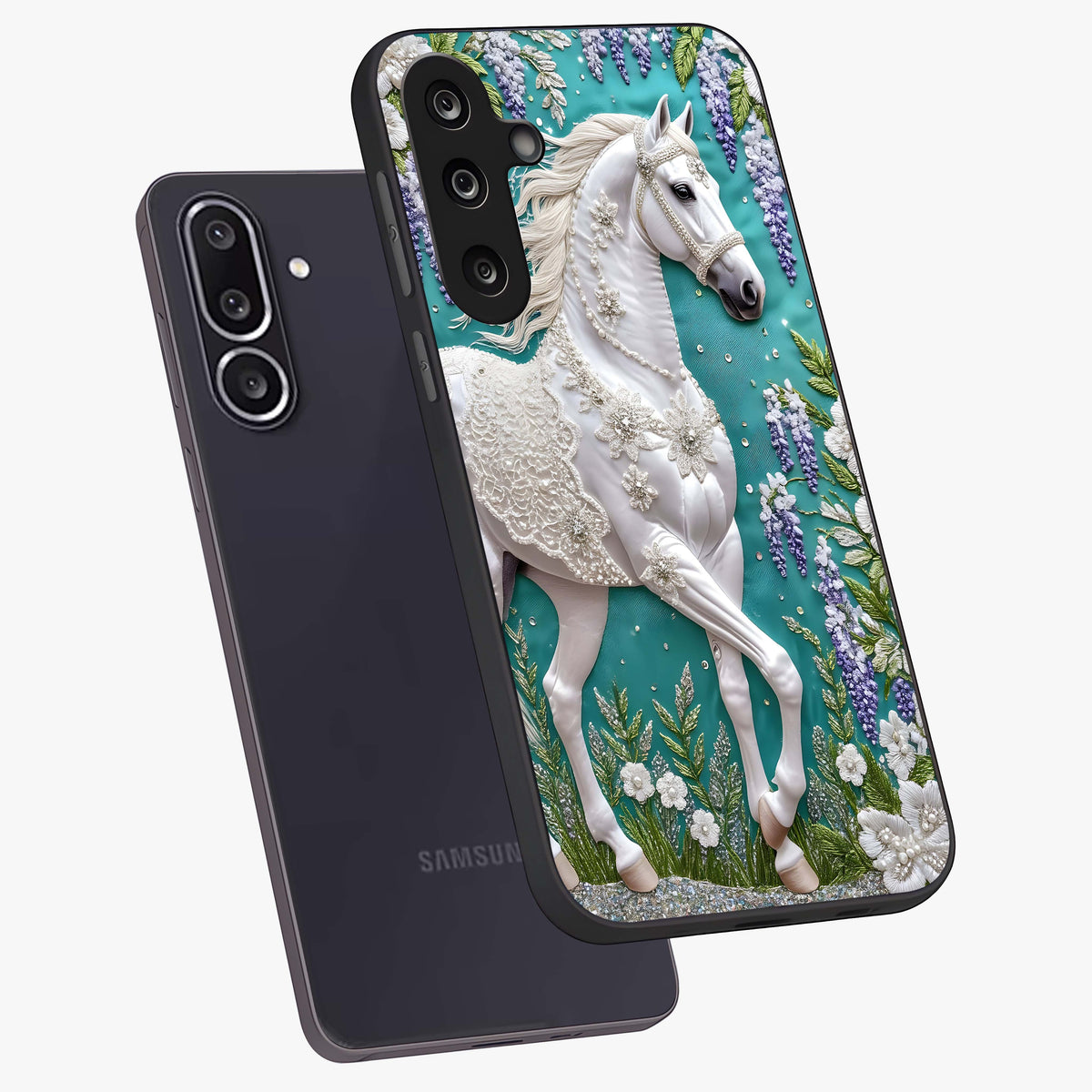 Majestic Floral Stallion Glass Case displayed in angled mockup highlighting majestic stallion illustration with elegant floral aesthetic.