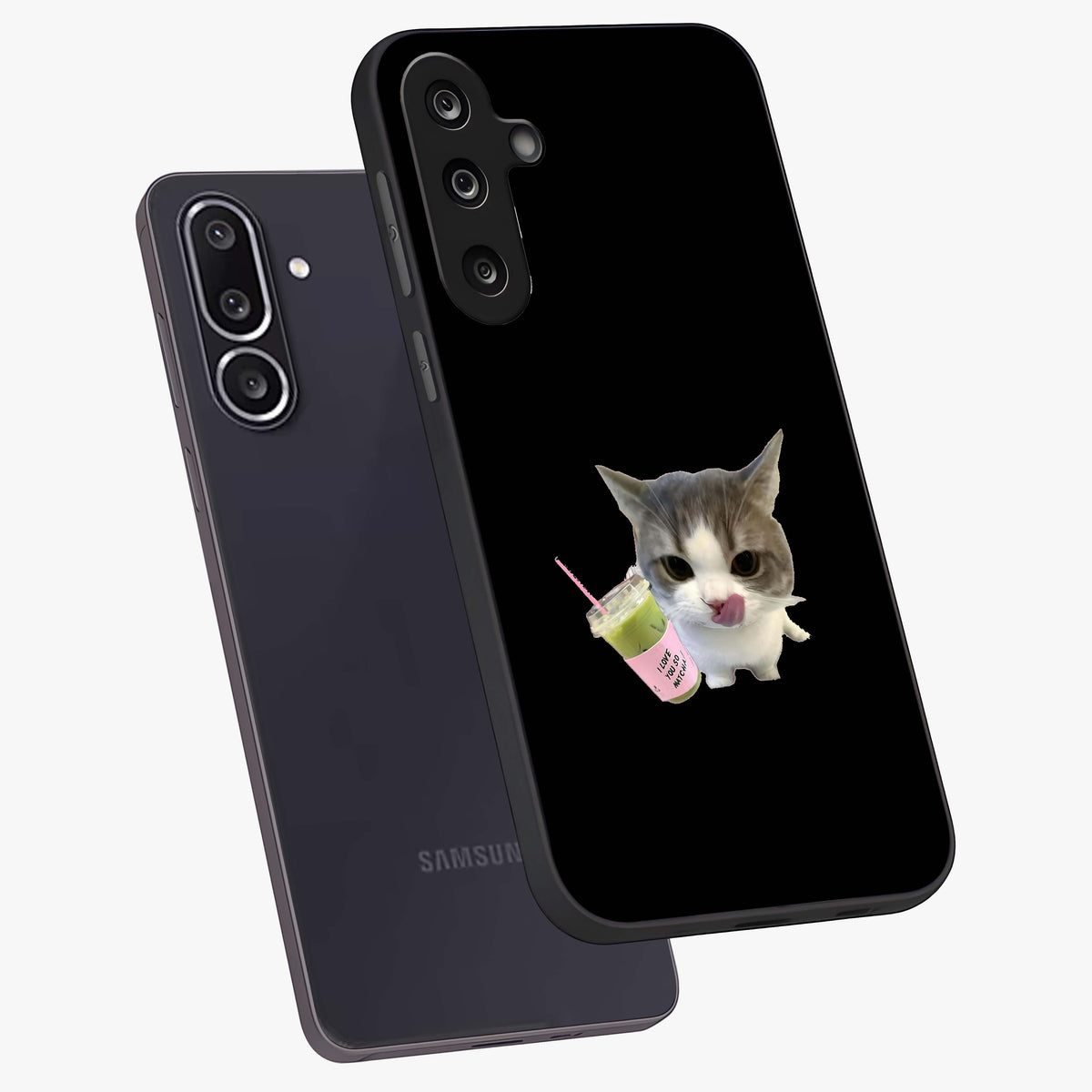 Matcha Cat Style Glass Case displayed in angled mockup highlighting playful feline design with pastel matcha aesthetic.