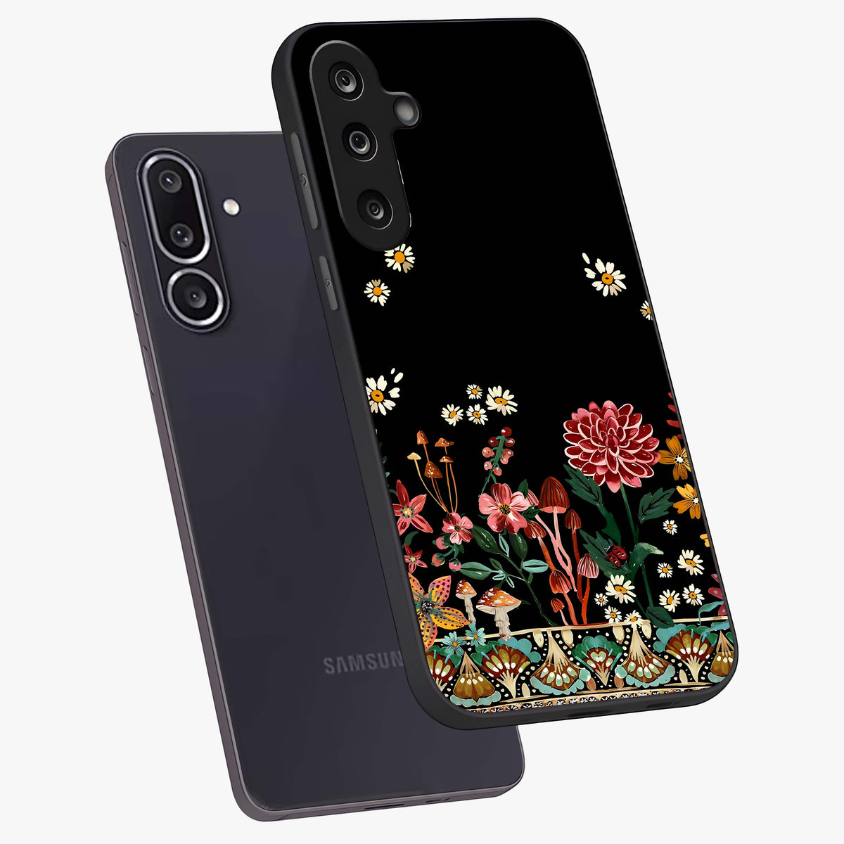 Midnight Bloom Pattern Glass Case displayed in angled mockup highlighting elegant flower design with midnight aesthetic style.