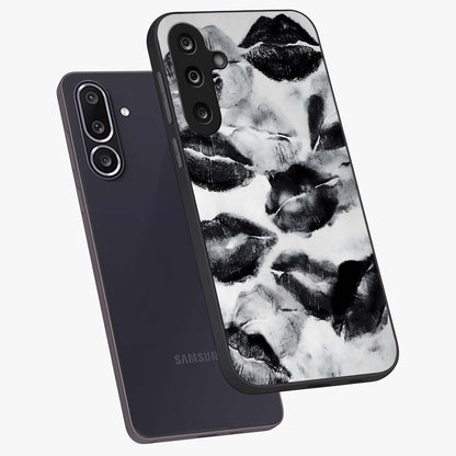 Midnight Kiss Marks Glass Case displayed in angled mockup highlighting playful romantic design with bold midnight aesthetic.