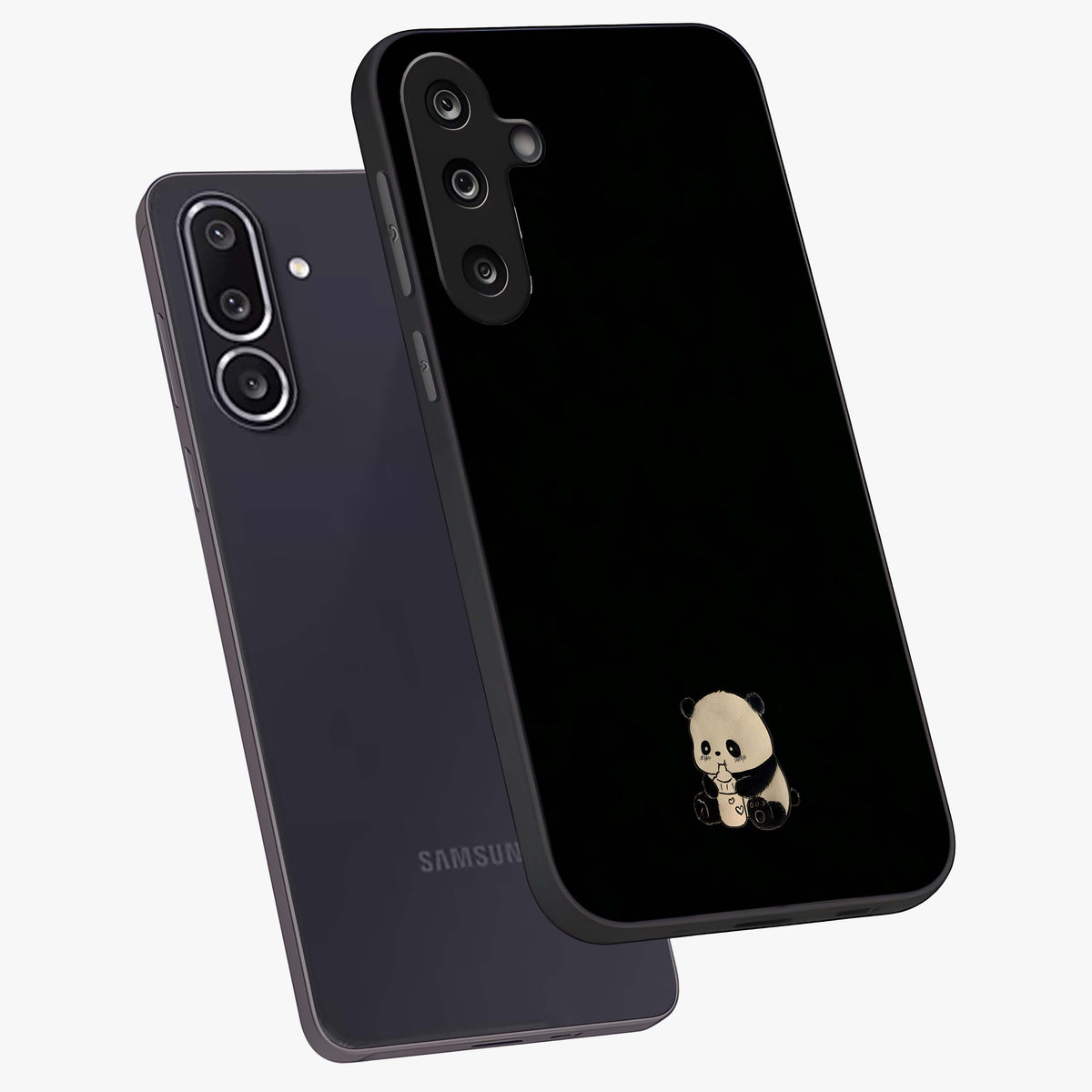 Midnight Panda Love Glass Case displayed in angled mockup highlighting adorable panda illustration with midnight aesthetic.