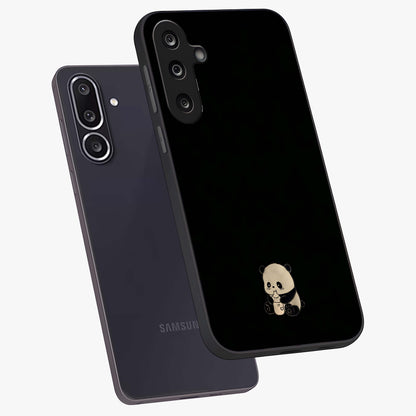 Midnight Panda Love Glass Case displayed in angled mockup highlighting adorable panda illustration with midnight aesthetic.