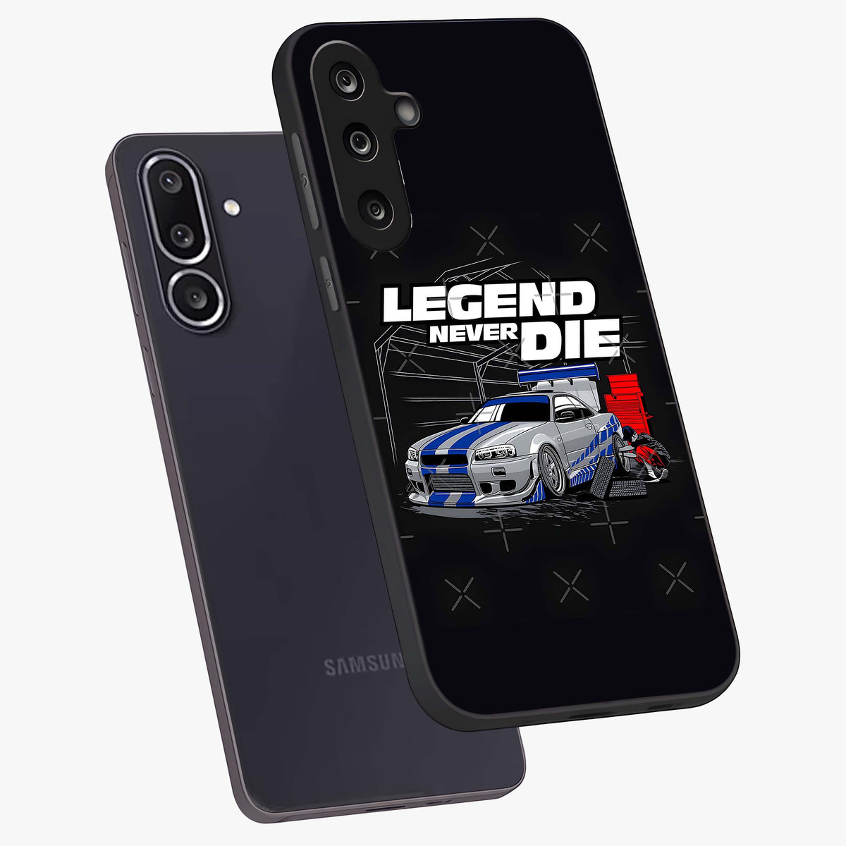Midnight Racing Legacy Glass Case displayed in angled mockup highlighting dynamic automotive design with bold midnight aesthetic.