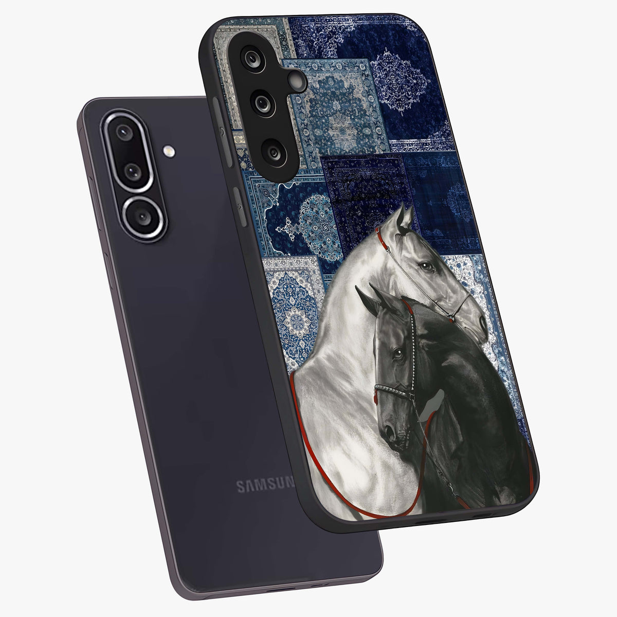 Midnight Stallion Blues Glass Case displayed in angled mockup highlighting powerful stallion illustration with deep midnight tones.