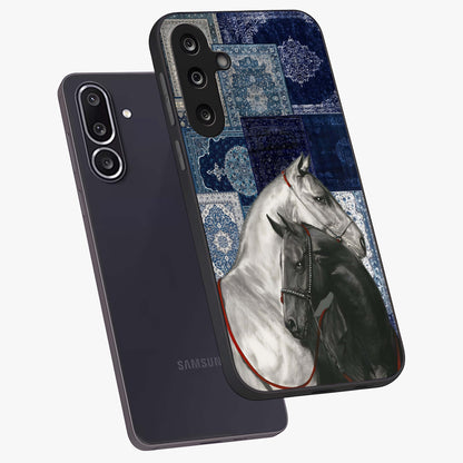 Midnight Stallion Blues Glass Case displayed in angled mockup highlighting powerful stallion illustration with deep midnight tones.