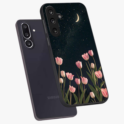 Midnight Tulip Whispers Vibe Glass Case displayed in angled mockup highlighting delicate tulip design with midnight floral aesthetic.