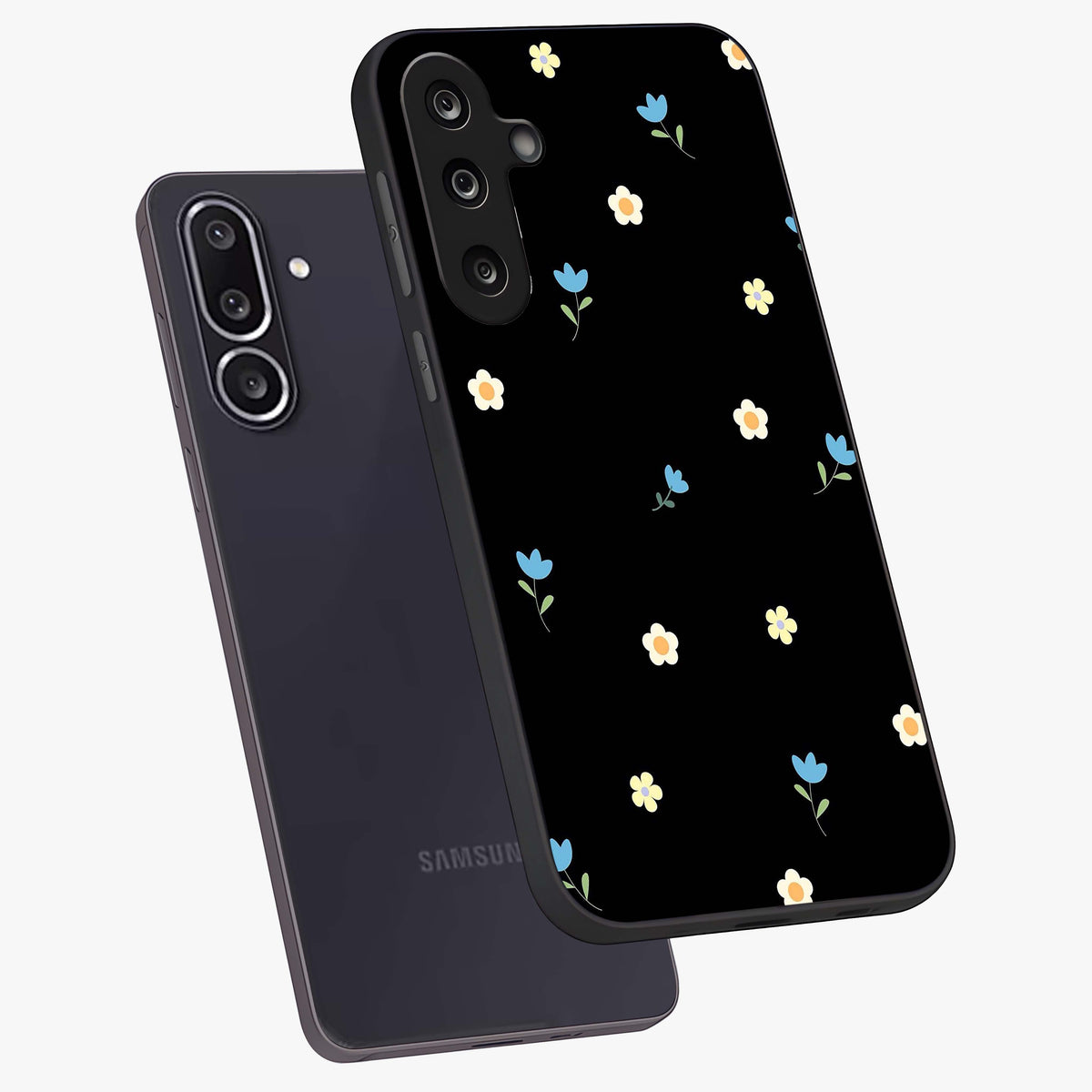 Minimal Petal Whispers Glass Case displayed in angled mockup highlighting delicate petal design with clean minimal aesthetic.