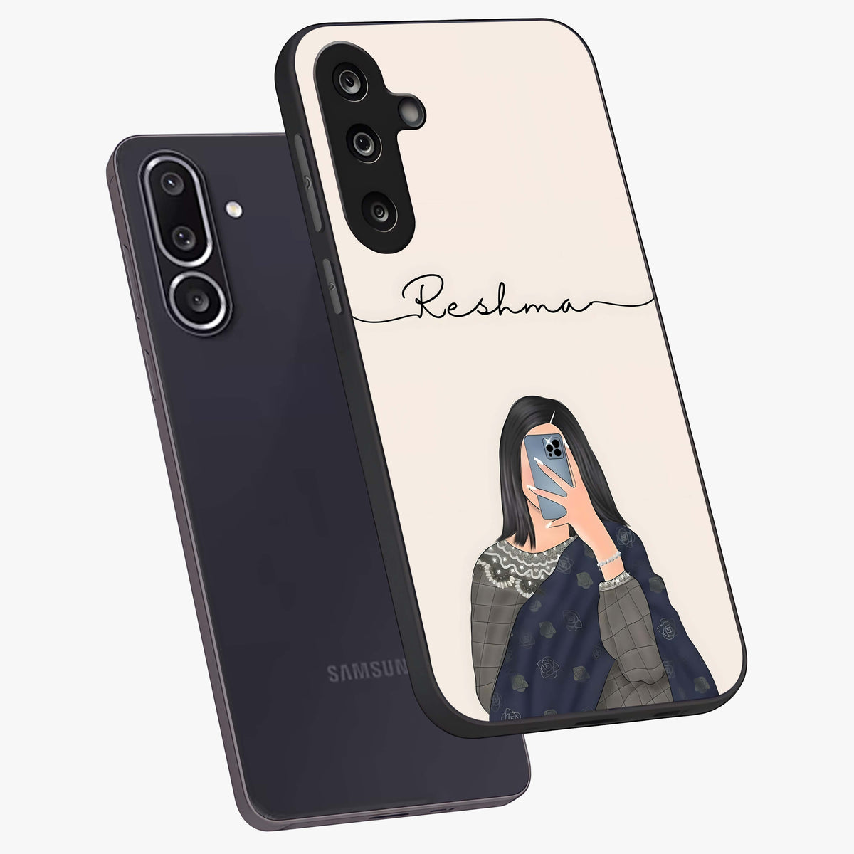 Mirror Mood Muse With Custom Name Glass Case displayed in angled mockup highlighting aesthetic mirror inspired design with custom name feature.