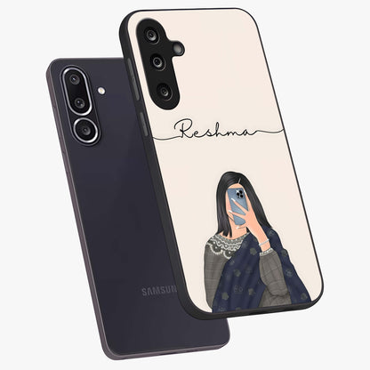 Mirror Mood Muse With Custom Name Glass Case displayed in angled mockup highlighting aesthetic mirror inspired design with custom name feature.