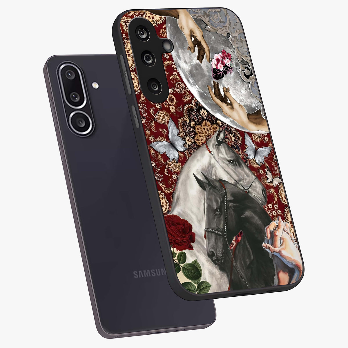 Moonlit Royal Stallion Glass Case displayed in angled mockup highlighting powerful stallion illustration with royal night aesthetic.