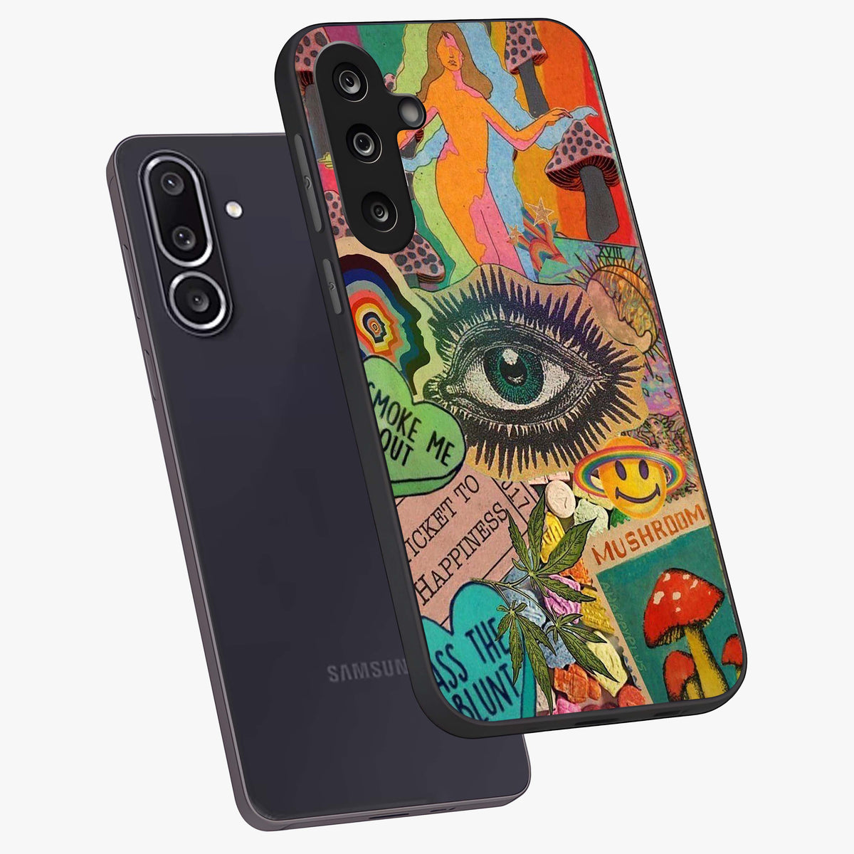 Mystic Eye Wonderland Glass Case displayed in angled mockup highlighting magical eye illustration with dreamy aesthetic.