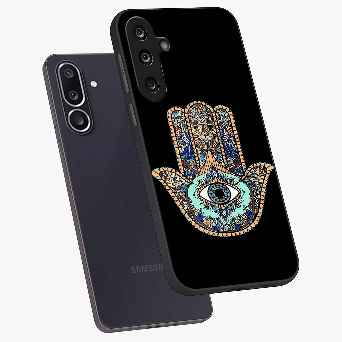 Mystic Hamsa Eye Glass Case displayed in angled mockup highlighting spiritual hamsa symbol with mystical aesthetic style.
