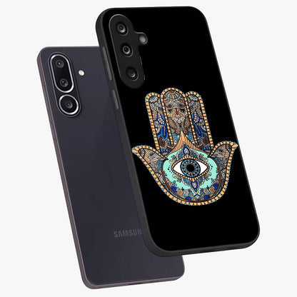 Mystic Hamsa Eye Glass Case displayed in angled mockup highlighting spiritual hamsa symbol with mystical aesthetic style.