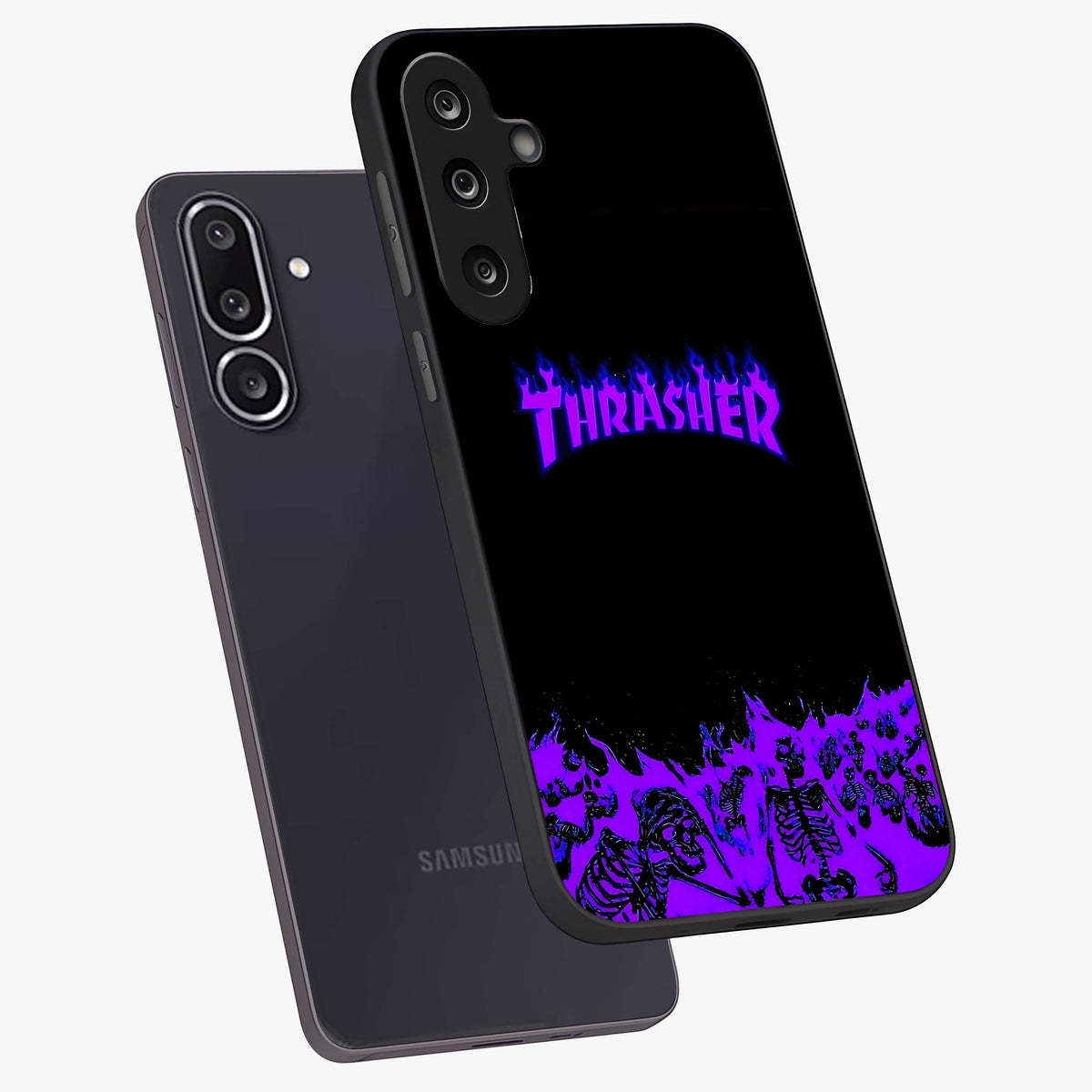 Neon Flame Riot Glass Case displayed in angled mockup highlighting glowing flame design with vibrant neon aesthetic.
