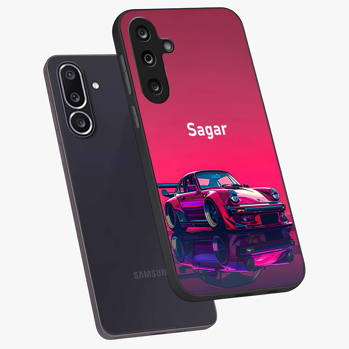 Neon Pink Porsche Glass Case displayed in angled mockup highlighting sleek neon pink car design with racing aesthetic.