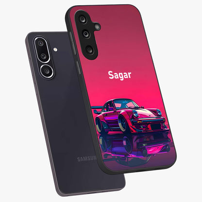 Neon Pink Porsche Glass Case displayed in angled mockup highlighting sleek neon pink car design with racing aesthetic.