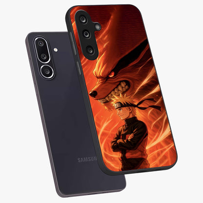 Nine Tails Legacy Glass Case displayed in angled mockup highlighting dynamic anime beast illustration with bold mystical aesthetic.
