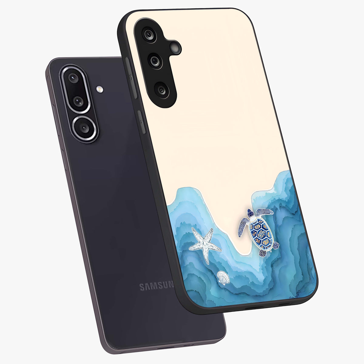 Ocean Drift Turtle Glass Case displayed in angled mockup highlighting peaceful ocean turtle illustration with marine aesthetic.