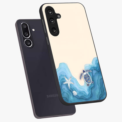 Ocean Drift Turtle Glass Case displayed in angled mockup highlighting peaceful ocean turtle illustration with marine aesthetic.