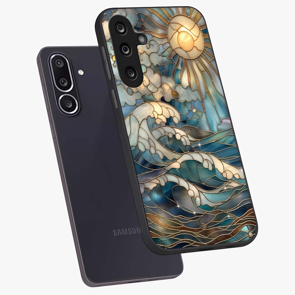Oceanic Stained Printed Glass Case displayed in angled mockup highlighting colorful aquatic design with artistic aesthetic style.