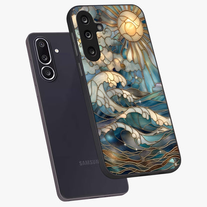 Oceanic Stained Printed Glass Case displayed in angled mockup highlighting colorful aquatic design with artistic aesthetic style.