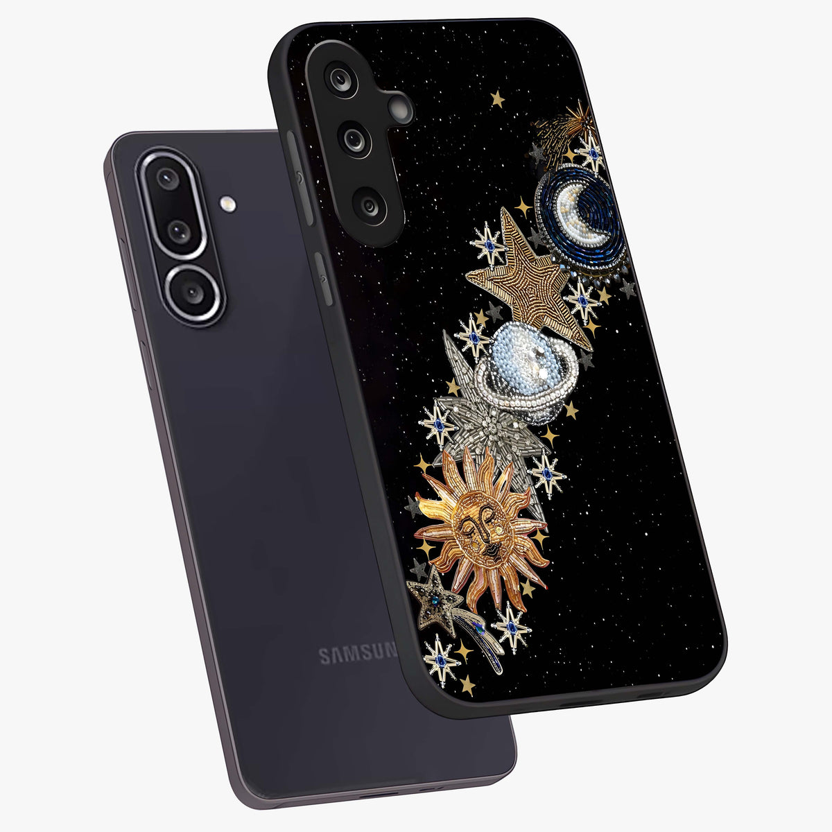 Pearls Universe Object Glass Case displayed in angled mockup highlighting celestial pearl design with dreamy aesthetic.