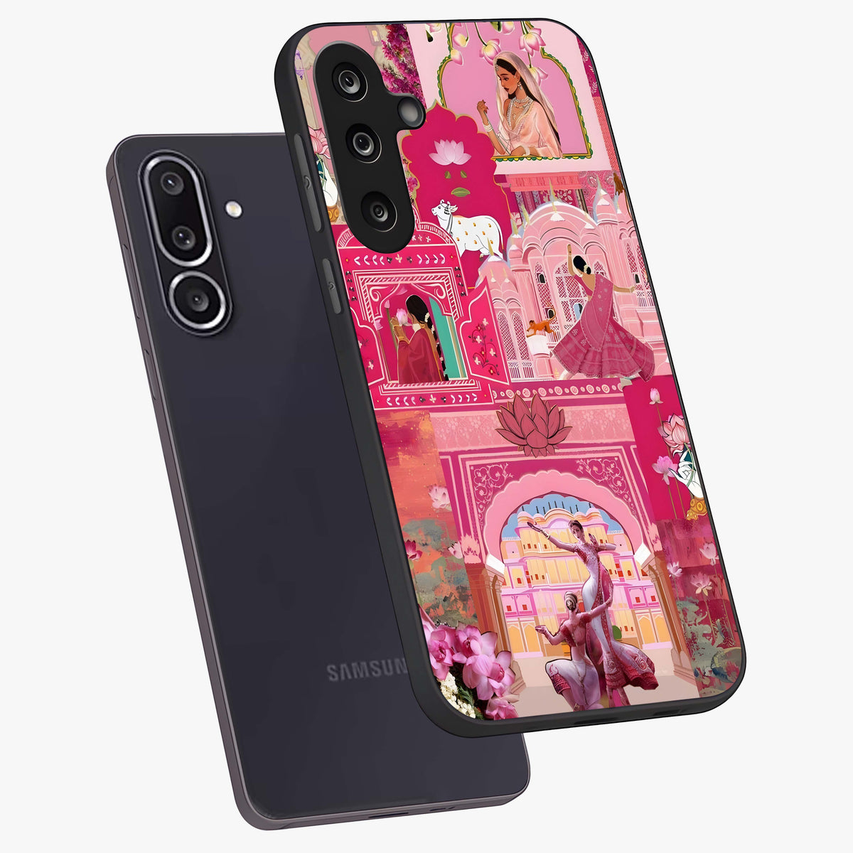 Pink Palace Muse Glass Case displayed in angled mockup highlighting dreamy palace illustration with soft pink aesthetic.