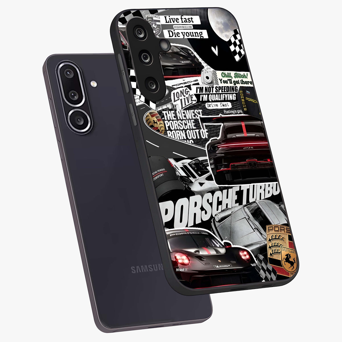 Porsche Racing Collage Glass Case displayed in angled mockup highlighting dynamic automotive design with bold racing aesthetic.