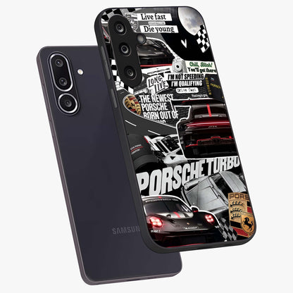 Porsche Racing Collage Glass Case displayed in angled mockup highlighting dynamic automotive design with bold racing aesthetic.