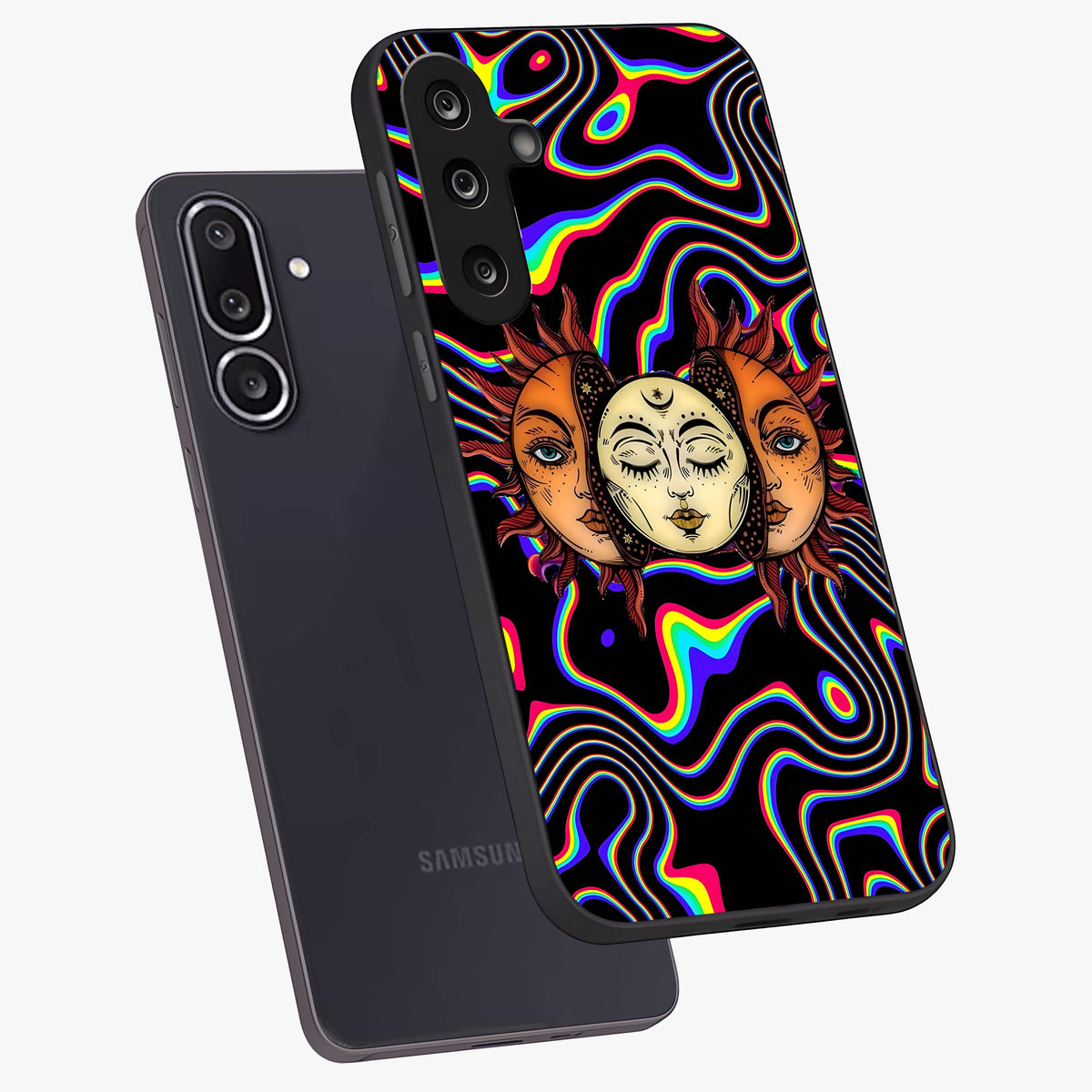 Psychedelic Sun Glass Case displayed in angled mockup highlighting vibrant abstract sun design with artistic aesthetic style.