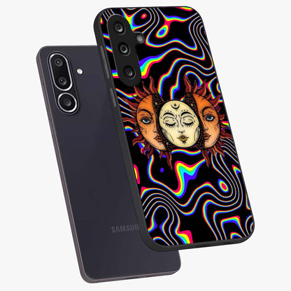 Psychedelic Sun Glass Case displayed in angled mockup highlighting vibrant abstract sun design with artistic aesthetic style.