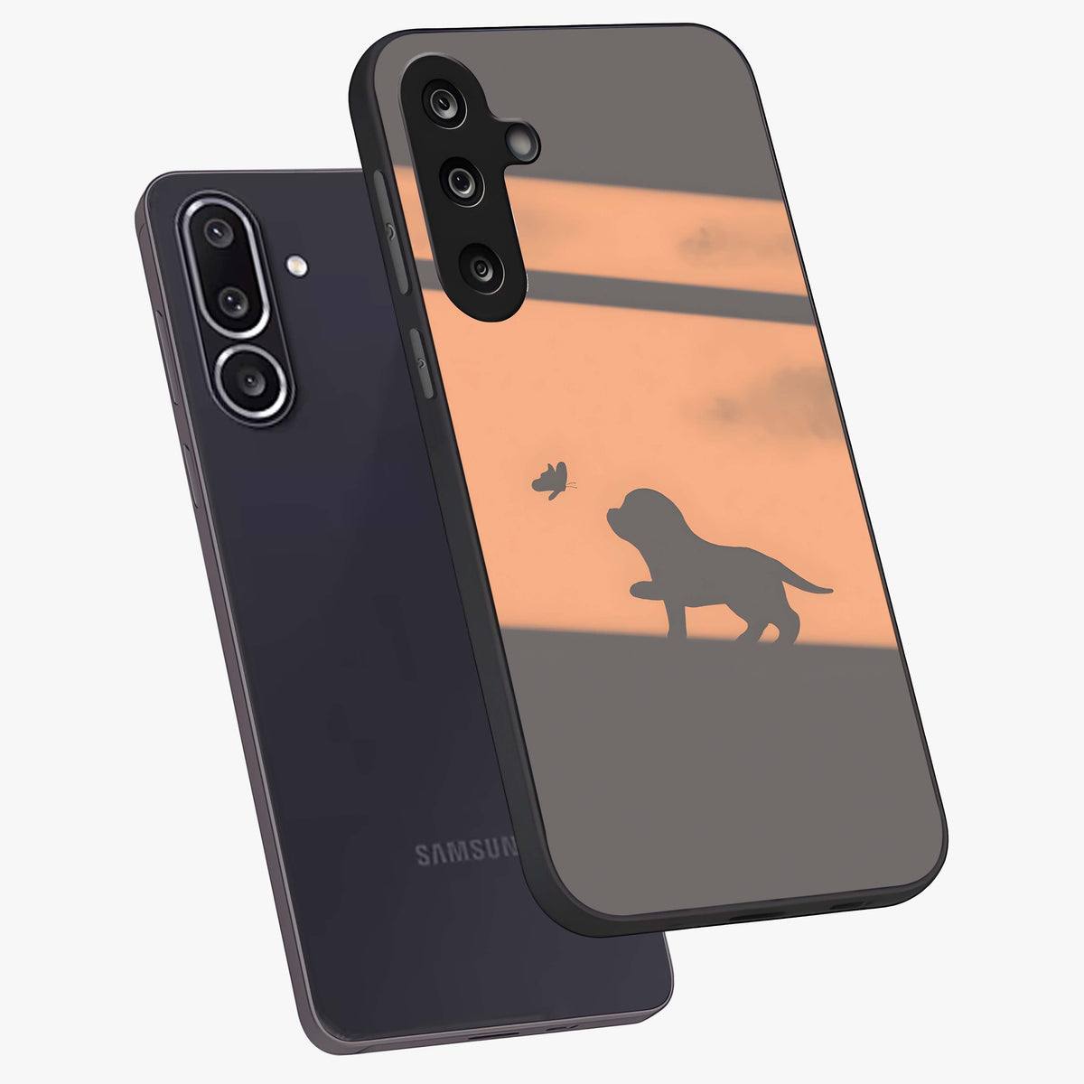 Puppy Shadow Art Glass Case displayed in angled mockup highlighting playful dog illustration with artistic shadow aesthetic.