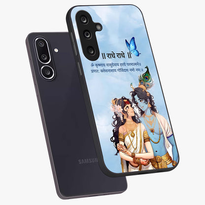 Radha Krishna Eternal Glass Case displayed in angled mockup highlighting divine Radha Krishna illustration with spiritual aesthetic.