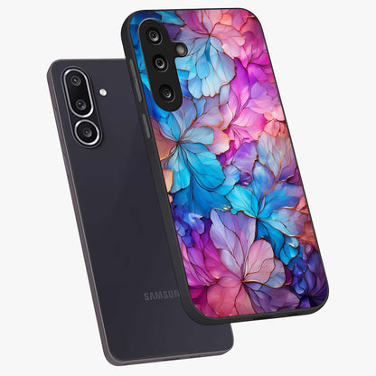 Radiant Floral Whirl Glass Case displayed in angled mockup highlighting vibrant flower pattern with dynamic artistic aesthetic.