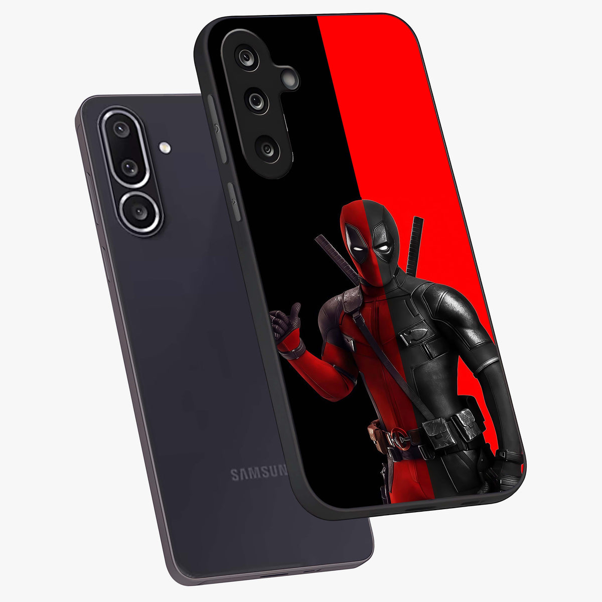 Red & Black Deadpool Theme Glass Case displayed in angled mockup highlighting vibrant superhero style illustration with action aesthetic.