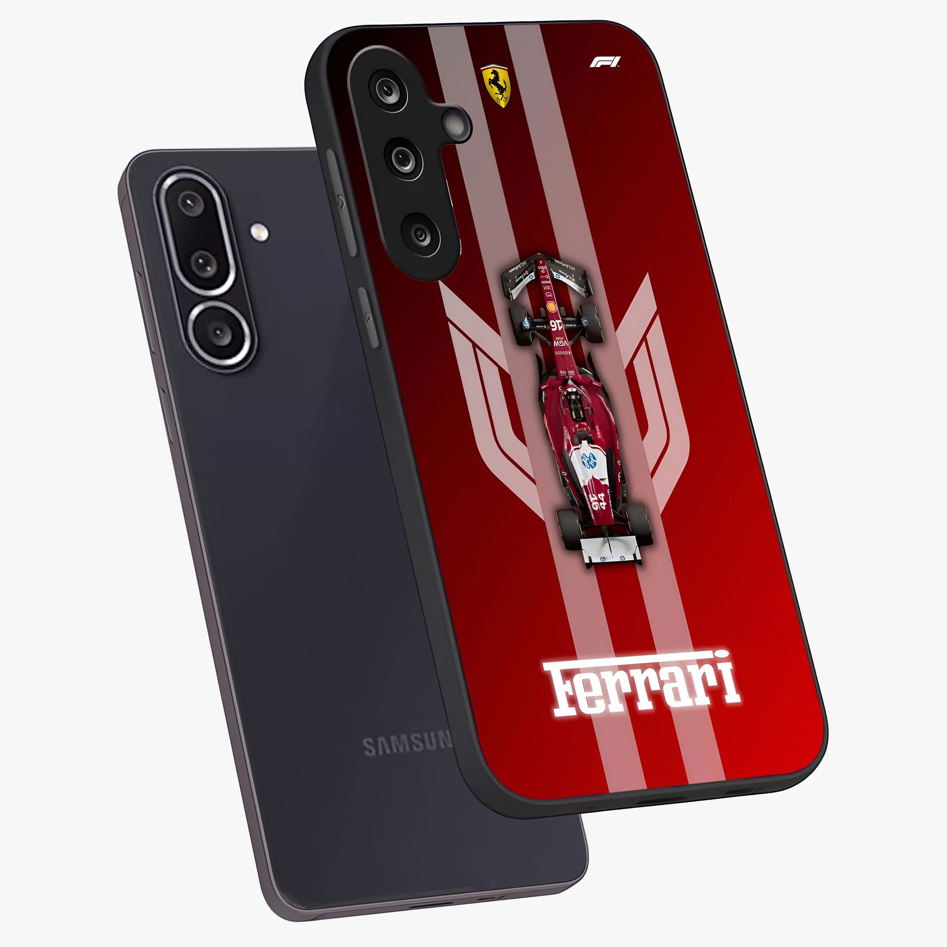 Red Ferrari F1 Vertical Glass Case displayed in angled mockup highlighting high speed racing design with bold automotive aesthetic.