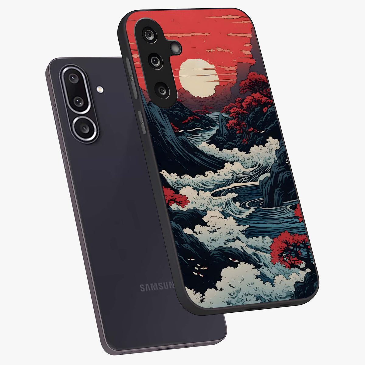 Red Sunset Scenery Glass Case displayed in angled mockup highlighting glowing sunset sky design with scenic aesthetic.