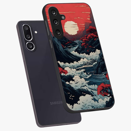 Red Sunset Scenery Glass Case displayed in angled mockup highlighting glowing sunset sky design with scenic aesthetic.