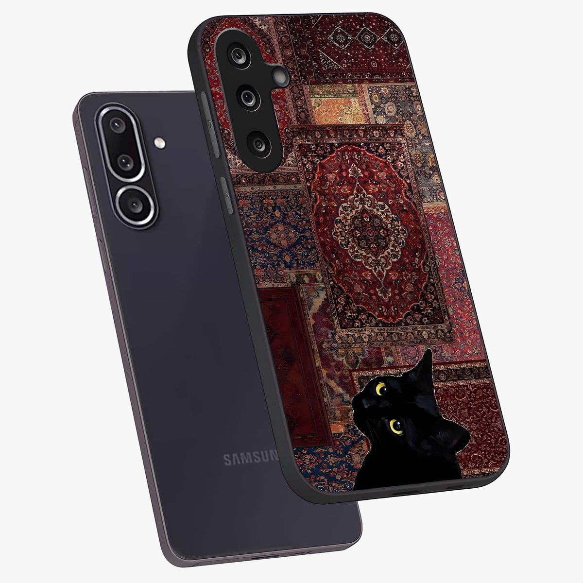 Regal Magic Cat Apple Glass Case displayed in angled mockup highlighting whimsical feline design with fantasy aesthetic.